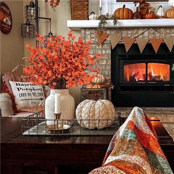 Fake Fall Flowers Real Touch Silk Flowers, 5Pcs Fall Orange Artificial - Picture 7 of 8